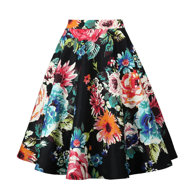 

50s 60s Tunic Midi Skirts A Line Midi Floral Retro Skater High Waist Cotton Vintage Style Women Flower Print Elegant Skirt