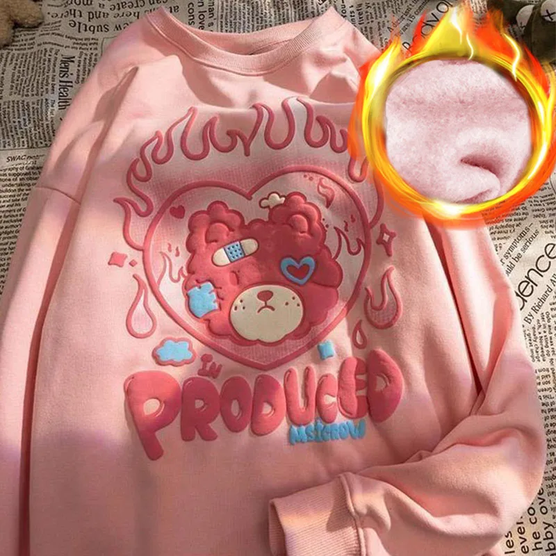 Flame Bear Print Crewneck Sweatshirt Women Winter Velvet Thick Cute Hoodies Oversized Lovely Pink Long Sleeve Tops Girls Loose