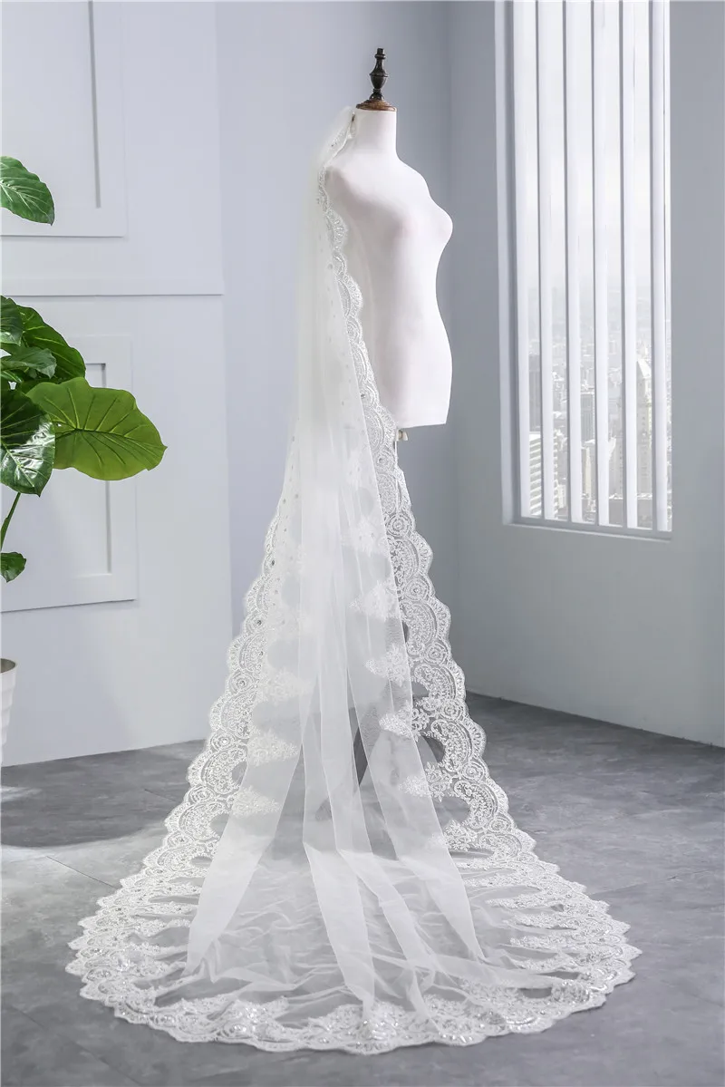 Janevini véu de casamento com pente, elegante tulle marfim com borda lantejoulas apliques de camada única acessórios de casamento