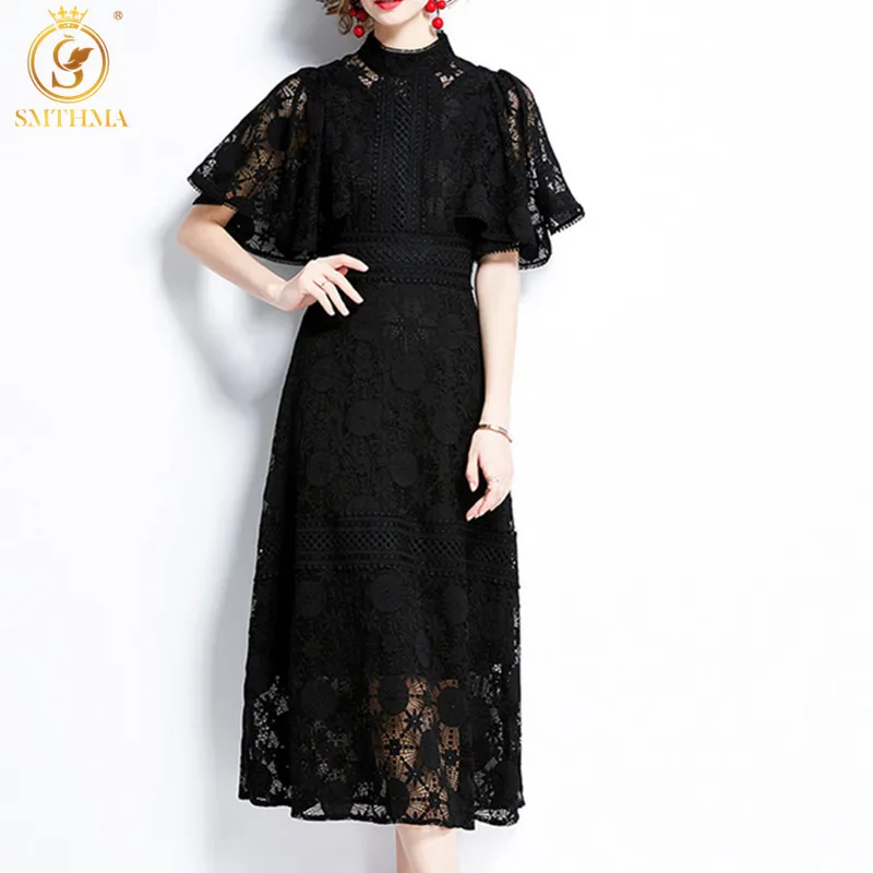 SMTHMA New Fashion 2022 Women Summer Dresses High Waist Puff Short Sleeves Black Lace Hollow Out Vintage Pleated Long Dress