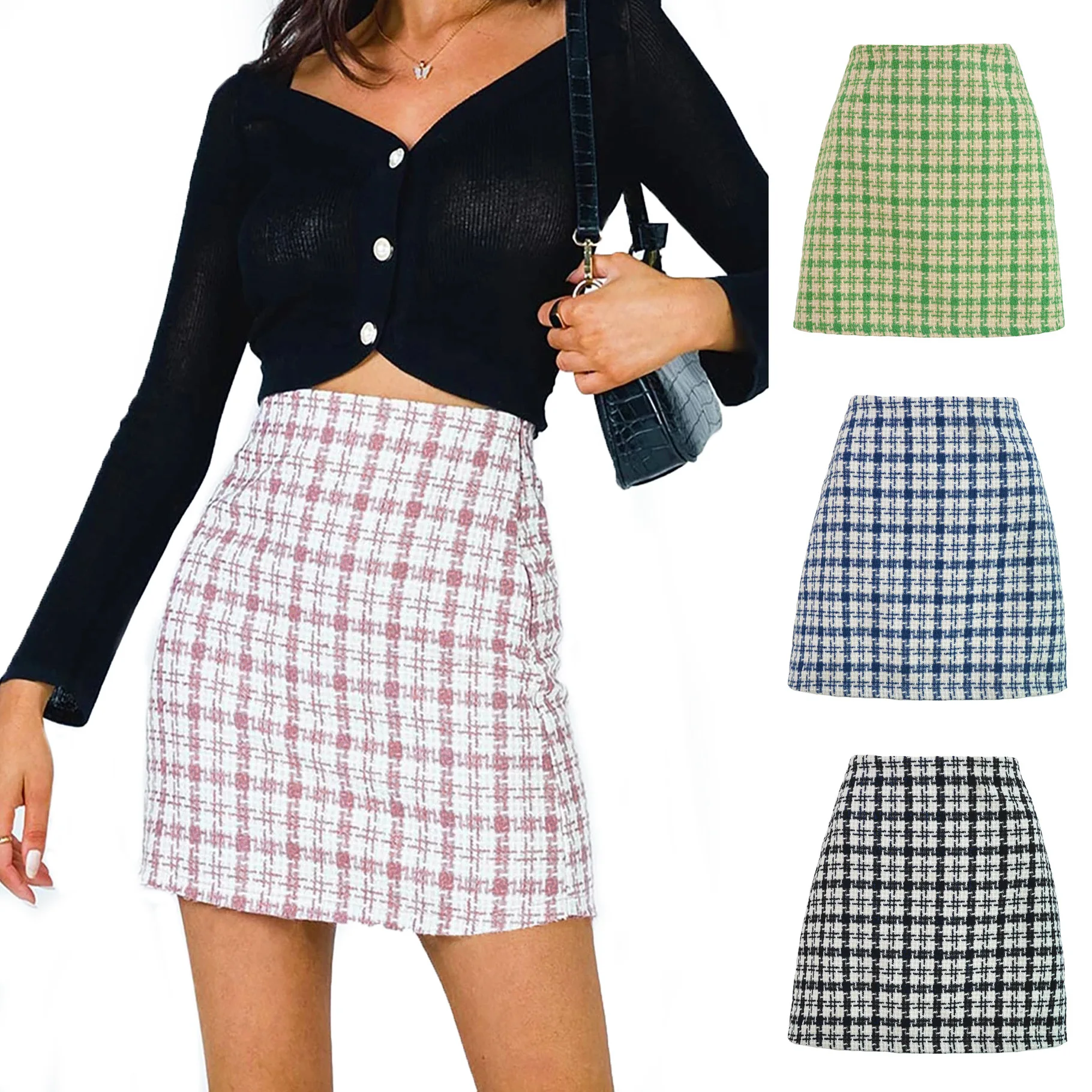 

Women Summer Elegant Korean Plaid A Line Skirts Vintage Woolen High Waist Mini Skirt Cotton Harajuku Skirt 2021 New Fashion