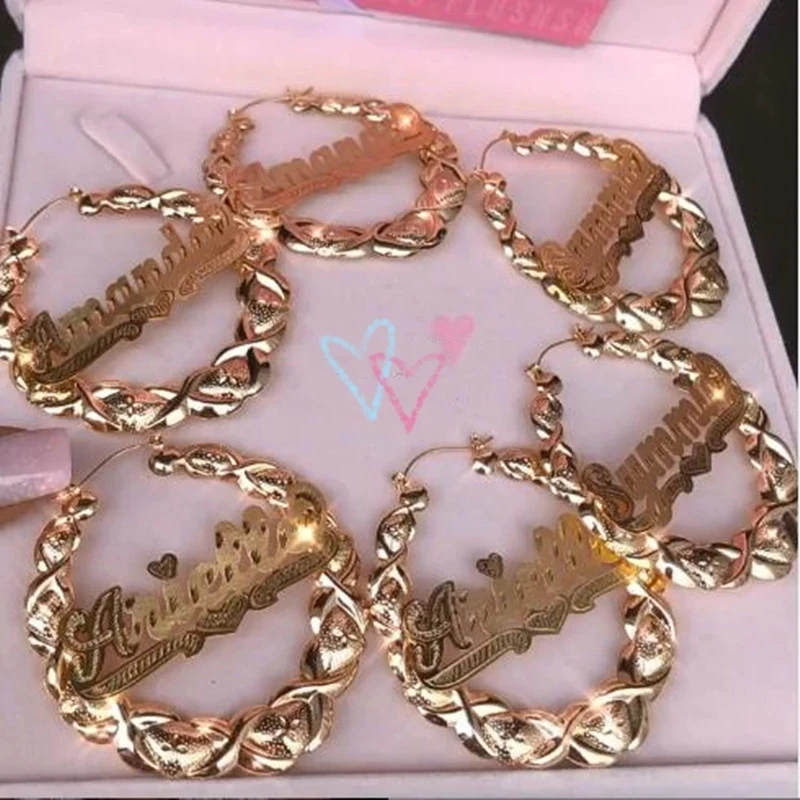 DOREMI Hiphop Sexy XOXO Custom Bamboo Hoop Earrings Personalized Name Earring 3D Hoops Style Custom Earring for Christmas Gift