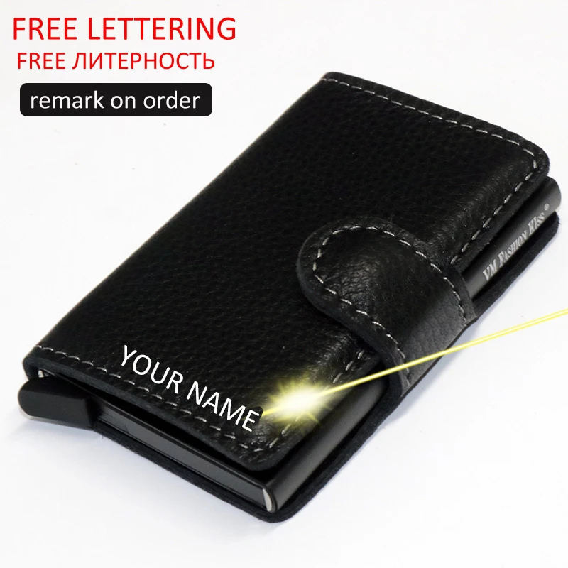 Free Lettering Real Leather Rfid Secure Wallet Card Holder Minimalist Wallet Metal Wallet Business Card Bags Bank Creditcard