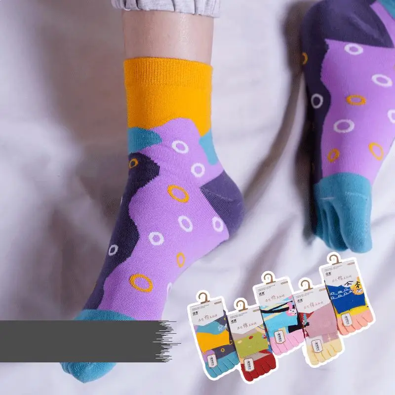 

5 Pairs Versatile Women Five Finger Socks Solid Color Pile 5 Toe Socks Japanese Style Color Contrast Medium Tube Women's Socks