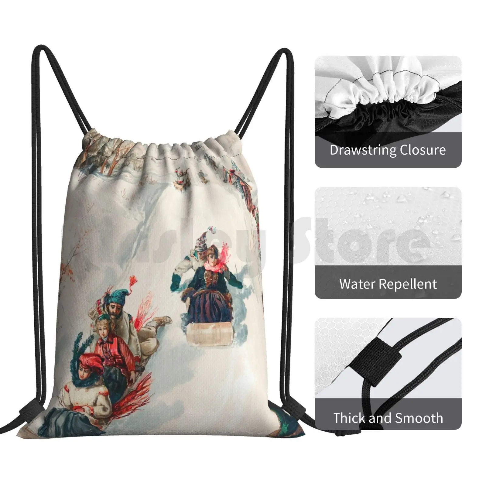 " Tobogganing " Chromolithograph ( 1886 ) By L. Prang & Co. Backpack Drawstring Bags Gym Bag Waterproof L Prang