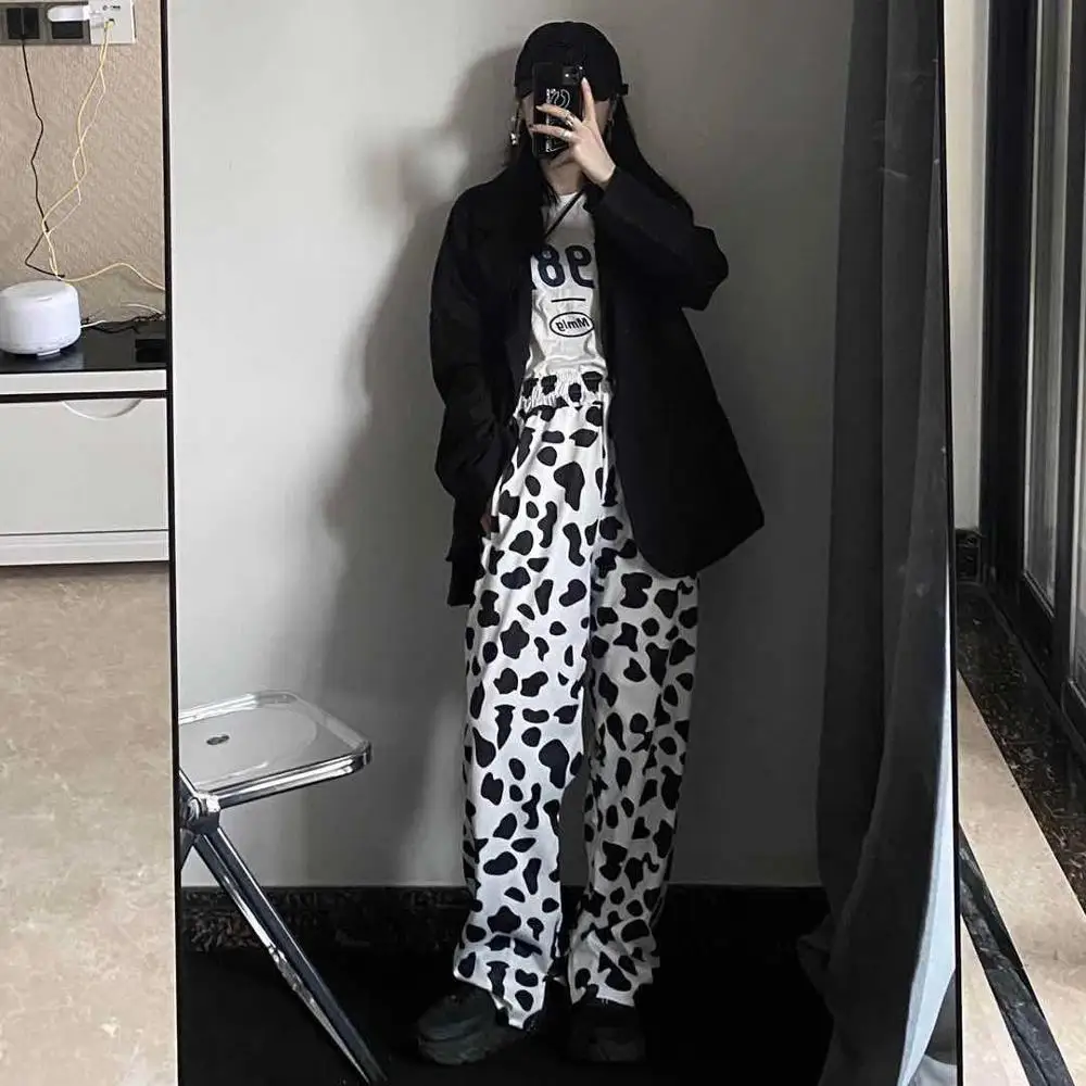 Casual Elastic High Waist Milk Cow Print Pants Women Summer Straight Loose Fashion Trousers Heat Pantalon Femme Pants