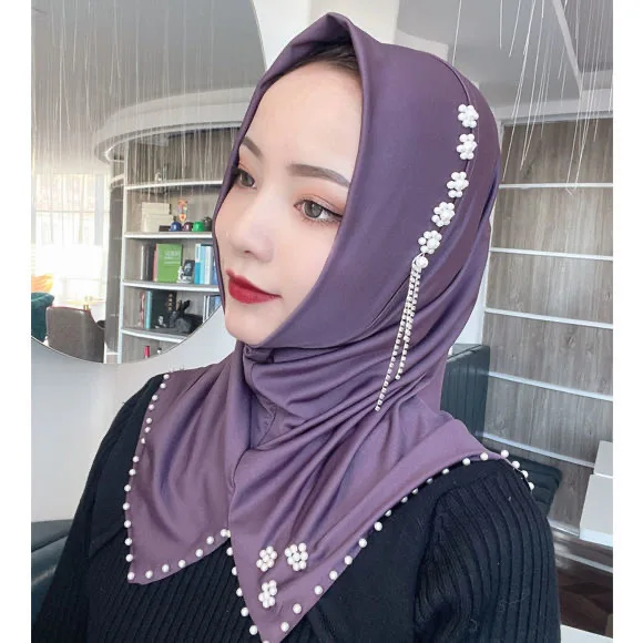 

2022 Pearls Decor Muslim Women Insatnt Wear Mask Cheap School Hijabs