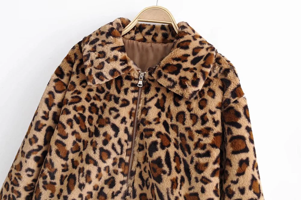 PUWD Fashion Women Leopard Print Plush Short Jacket  2021 Autumn Winter Retro Zipper Leisure Jackets Loose Female Short Outwear