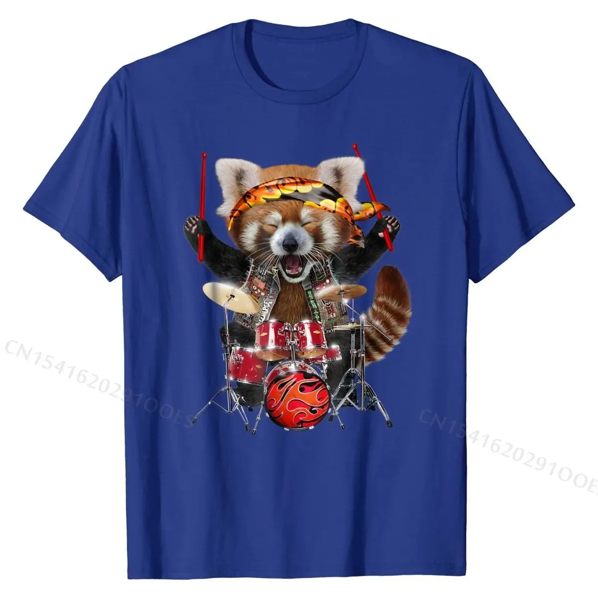 Punk Red Panda Play Drum in Heavy Metal Band - T-Shirt Europe Top T-shirts for Men Cotton Tops & Tees Personalized Classic