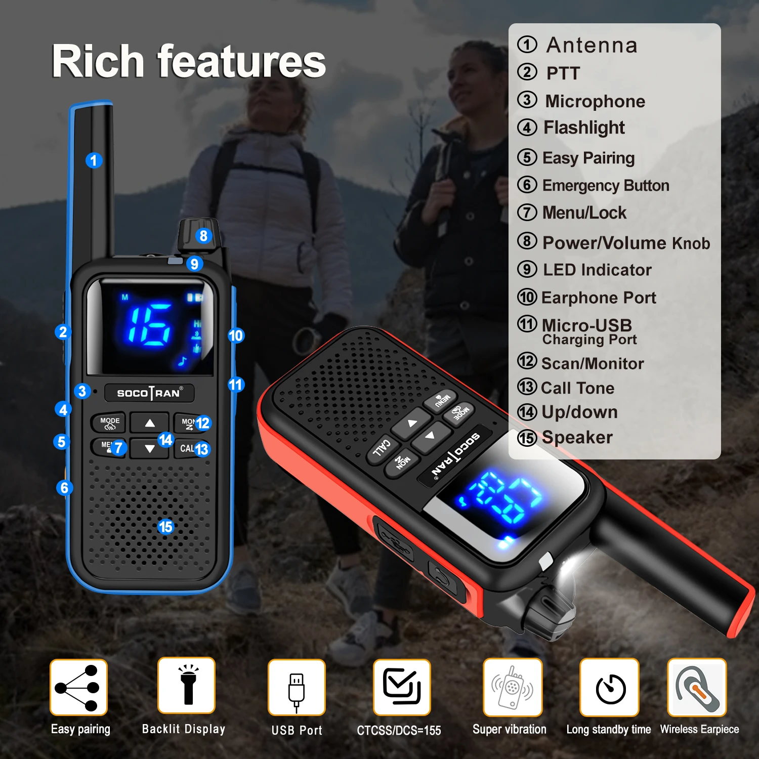 SOCOTRAN-walkie-talkie T82, auriculares inalámbricos PMR446, radio bidireccional portátil de 16 canales, compatible con Bluetooth, 2 uds.