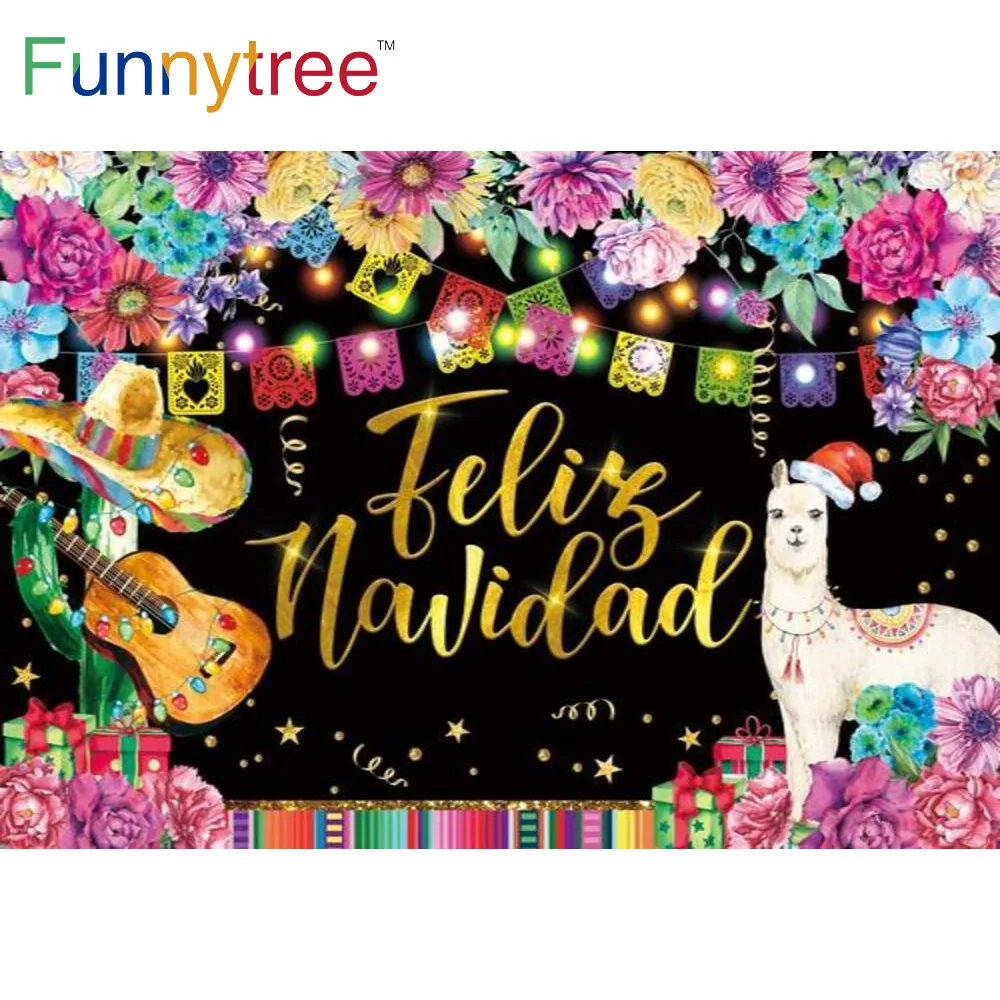 Funnytree Feliz Navidad Backdrop Fiesta Christmas Mexican  Flower  Llama Bunting Christmas Party Supplies Props Custom Poster