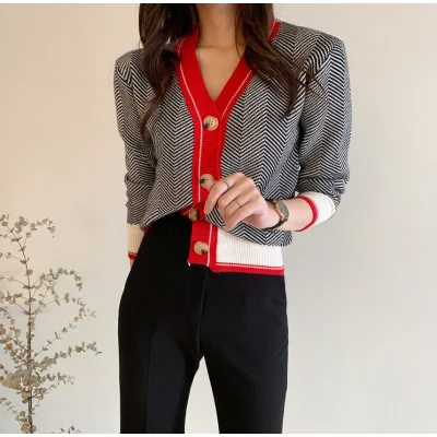 V-neck Single-breasted Korean Cardigan Sweater Women 2024 Autumn Winter Color-blocked Long Sleeve Fashion Elegant Ladies Tops