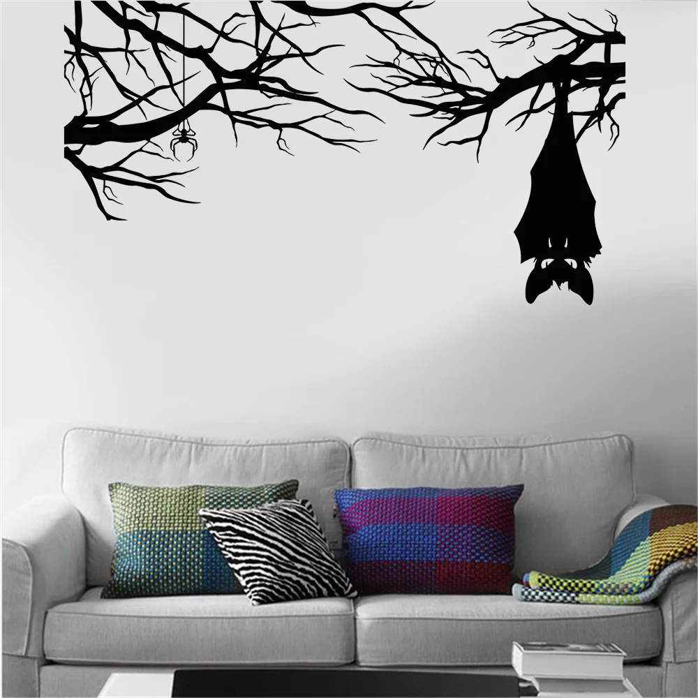 

Halloween Wall Stickers Cartoon Gothic Spider Bat On Branch Vinyl Wall Decal For Living Room Nursery Kids Room Decoration