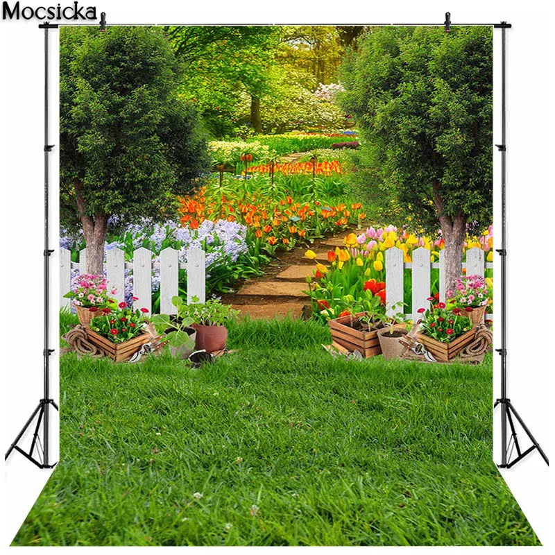 Arrière-Plan de Photographie pour Nouveau-Né, Portrait d'Enfant, Studio, Jardin, Pelouse Verte, Fleurs, Anniversaire, Printemps