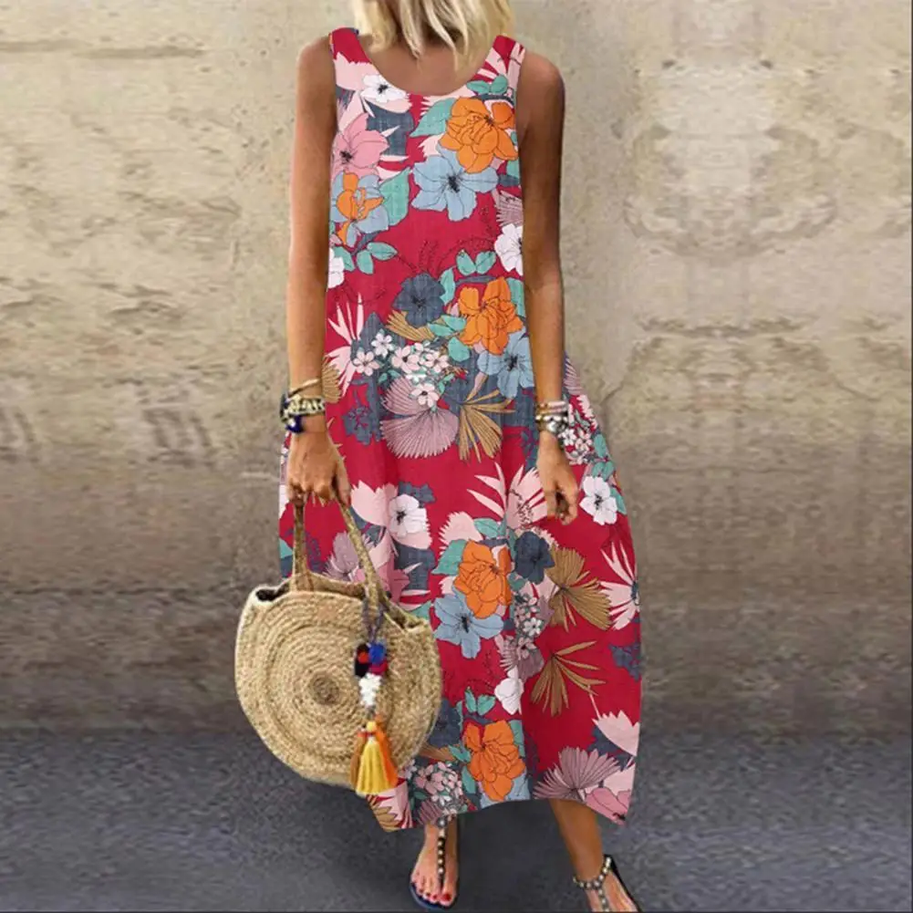 Summer Women Dress Elegant Floral Print Round Neck Vintage Dresses Ankle-Length Plus Size Large Hem Beach Party Dress