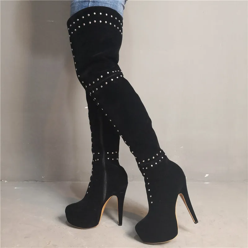 

Real Photo Studded Platform Women Crotch High Boots Flock Black Stretch Heeled Boots Thigh High Shoes Woman Big Size 12 13 15