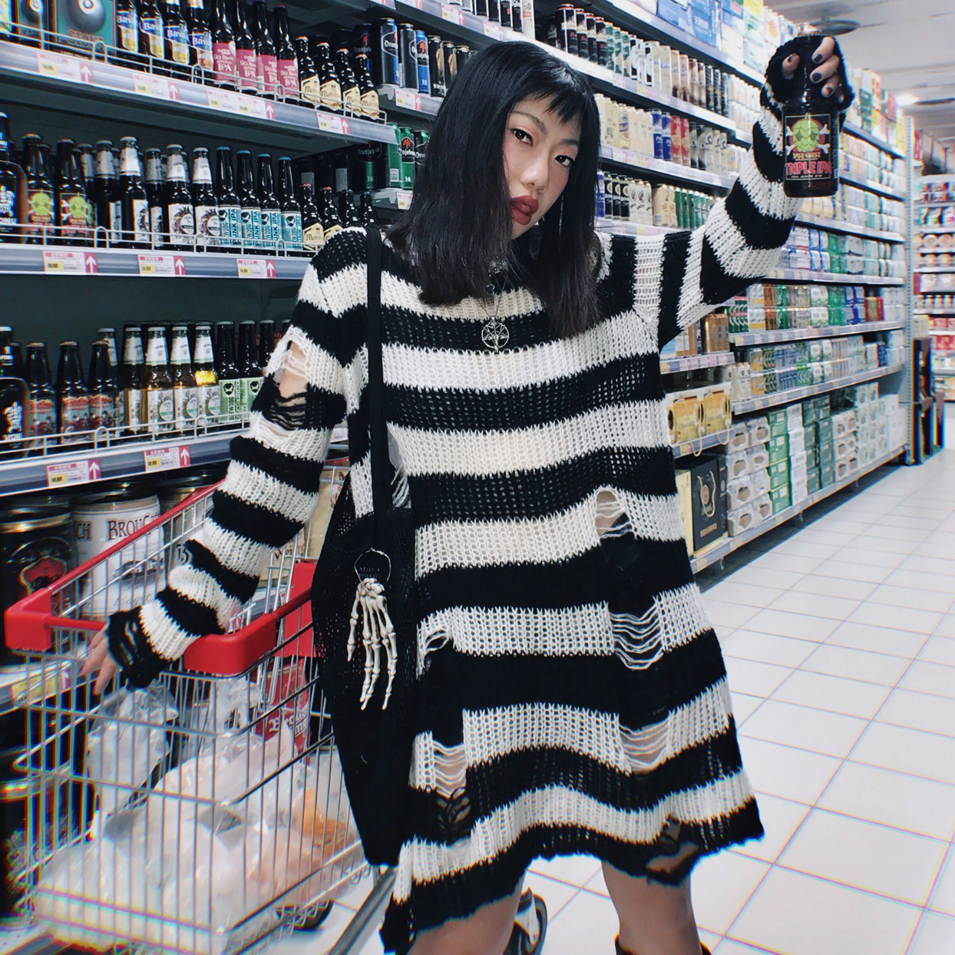 Mikumn Women Sweater Gothic Punk Striped Knitted Sweater Jumper Loose Hollow Out Female Long Pullover Harajuku Streetwear Mujer