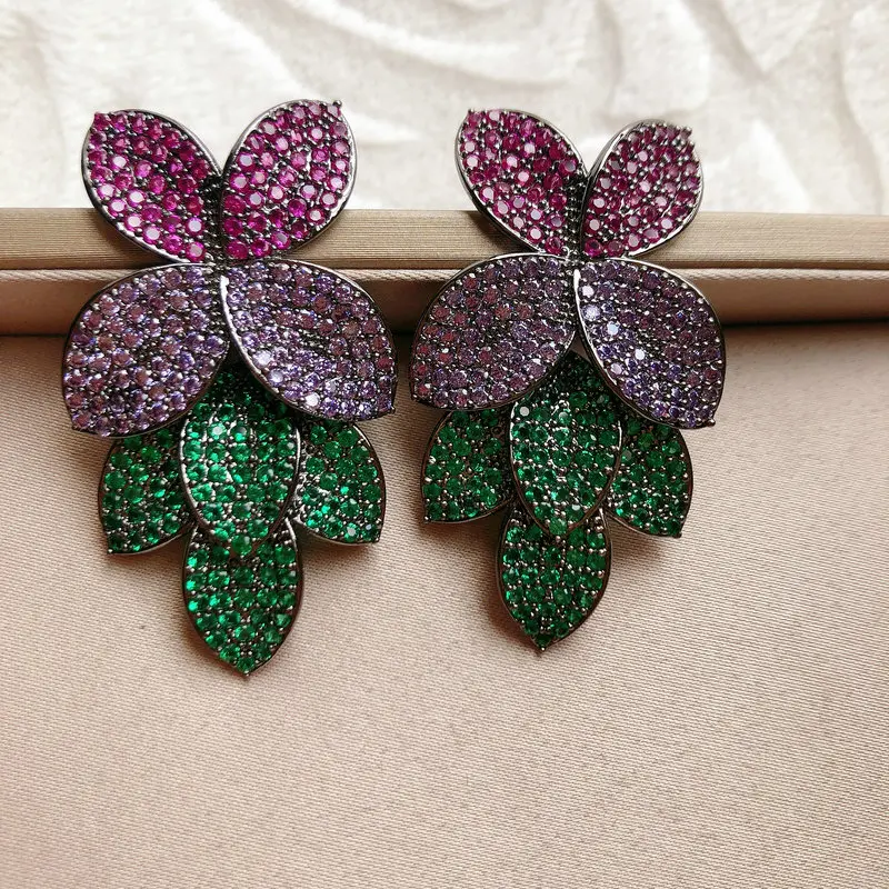 Bilincolor Purple and Red Flower Green Leaf Luxury Big Earring for Women