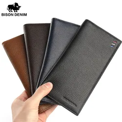 BISON DENIM Genuine Leather Card Holder Men Wallets Cowskin Long Style Purse Brand Luxury Soft Leather Slim Male Wallet N4391-5