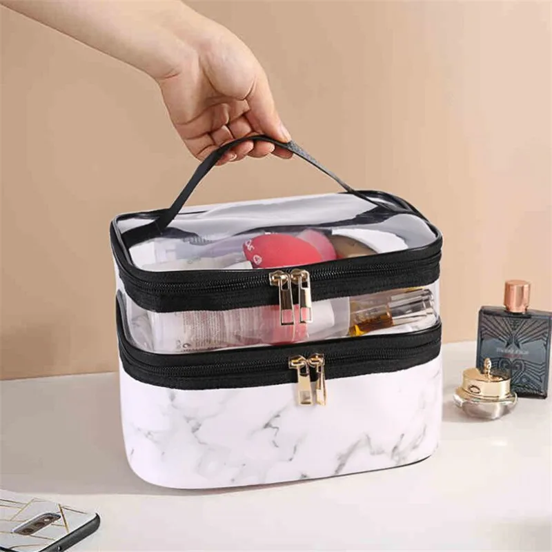 Large Capacity Makeup Bag For Women Transparent Pvc Double Layer Storage Wash Cosmetic Bag Waterproof Organizer Toiletry Cases