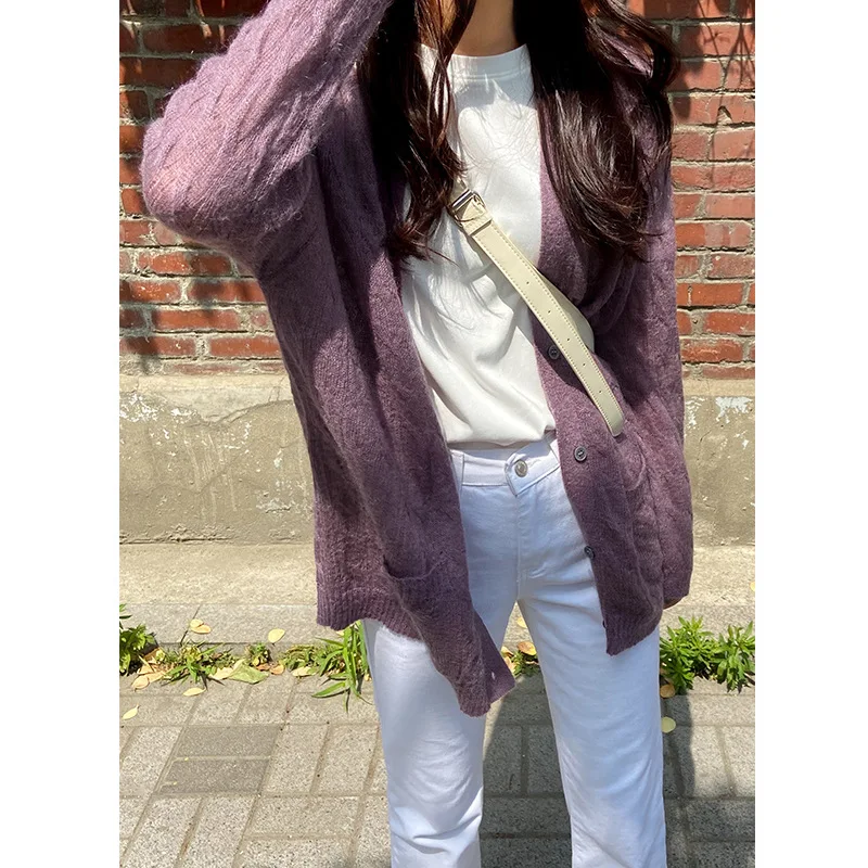 

Women Loose Knit Mohair Cardigan Sweater Purple S