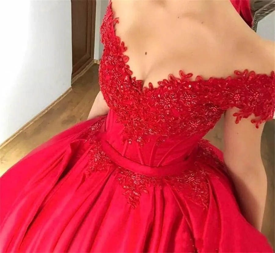 Vestido de baile rojo con hombros descubiertos, quinceañera, apliques, corsé de satén con cuentas, cordones, fiesta de graduación, dulce, dieciséis