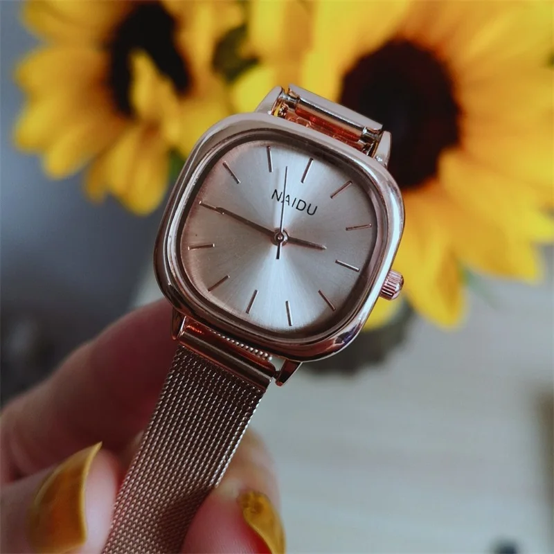 Rose Gold Women Vogue Watches Minimalist Square Ladies Wristwatches Simple Stainless Steel Mesh Strap Woman Quartz Clock