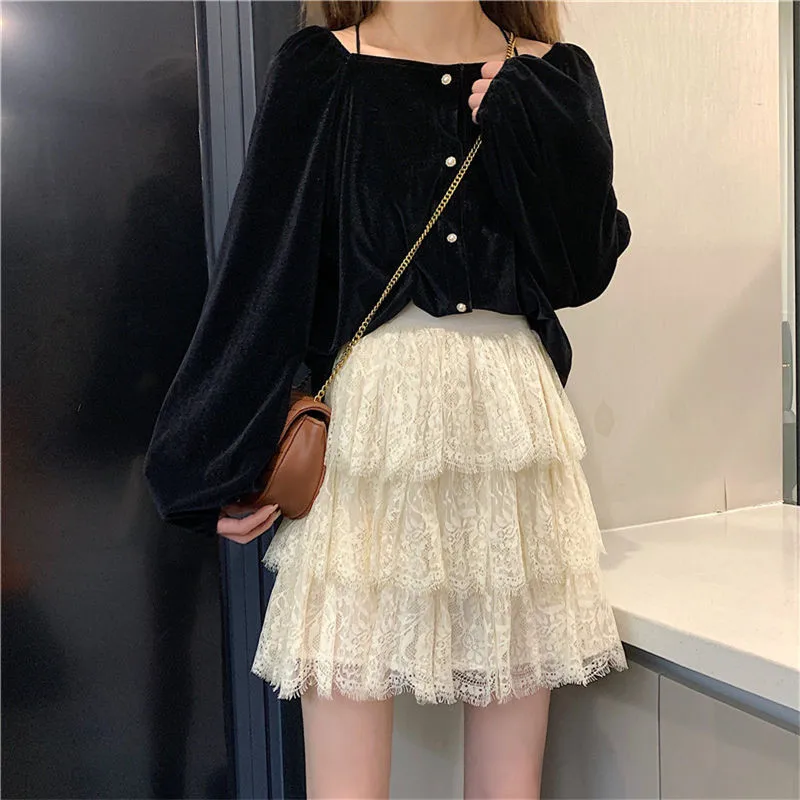 Summer Short Skirt White Black Simple A-line Pleated Skirt Lace Tutu Skirt Beach Party Evening faldas femme jupes