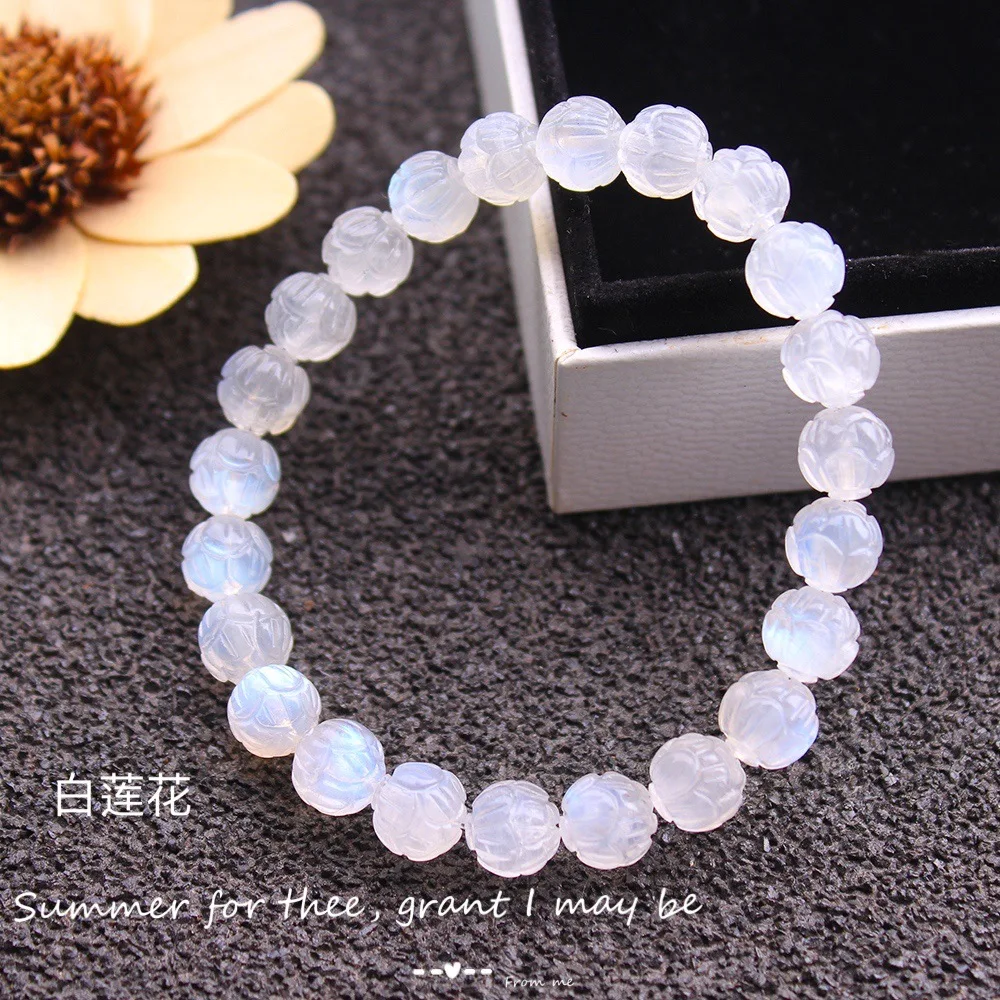 Natural Moonstone Blue Light Crystal Bracelet Clear Round Lotus Carved Beads 8mm 9mm Women Men Healing Moonstone Stone AAAAA