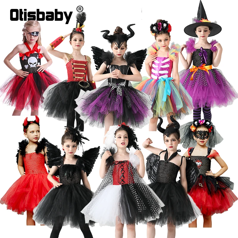 

Halloween Girls Red Vampire Costume Carnival Masquerade Party Witch Clown Dress Up Black Demon Queen Tutu Dress Feather Wings