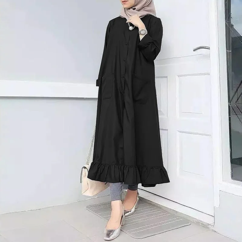 Women Muslim Dress Fashion Long Sleeve Ruffles Dresses Casual Solid Buttons Maxi Vestidos Hijab Dress Robe Eid Oversize Robes