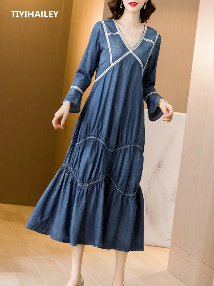 

TIYIHAILEY Free Shipping 2022 New Fashion 3/4 Wrist Sleeve Long Mid-calf Denim Women Vintage V-neck Sexy Autumn Dress S-XL