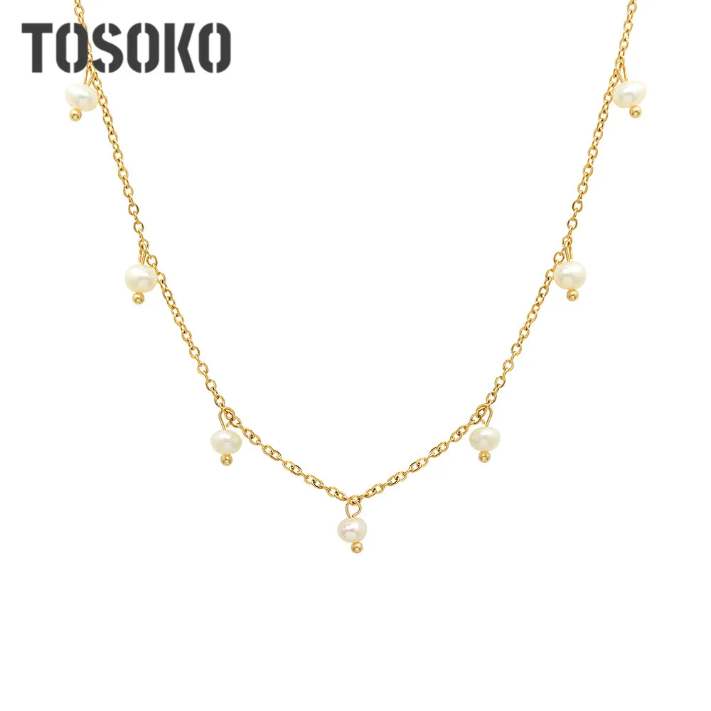 

TOSOKO Stainless Steel Jewelry Freshwater Pearl Necklace Women's Simple Fashion Clavicle Chain BSP008