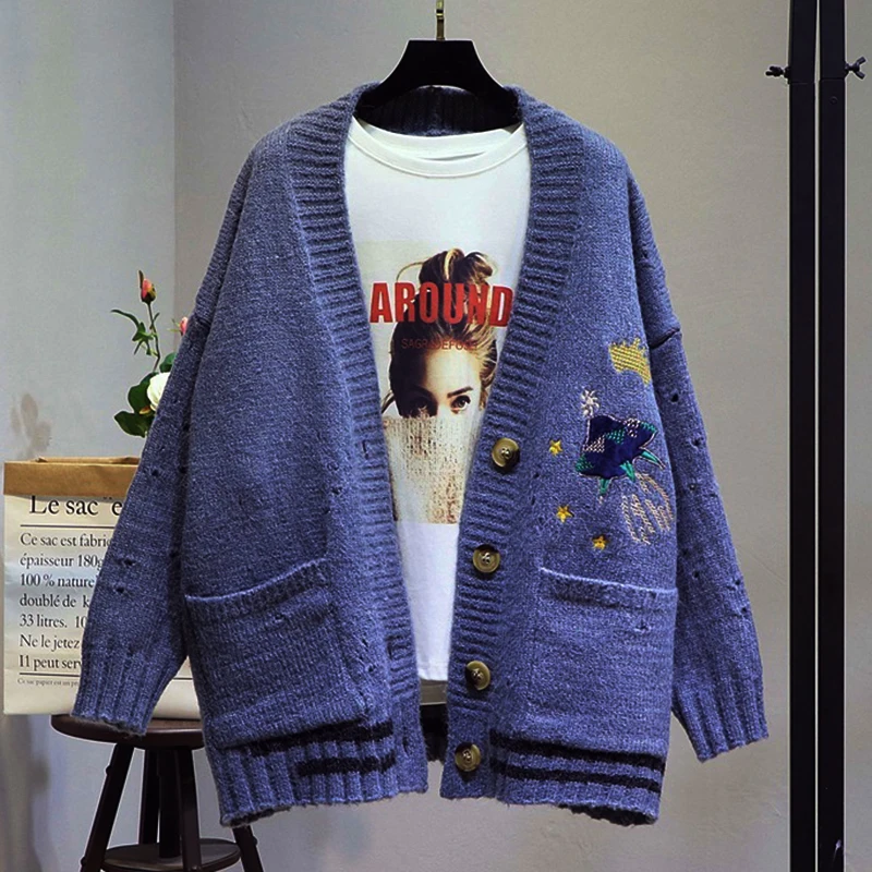 Elegant knitwear Women Cardigan Sweater spring autumn Knit Cardigan Cartoon Embroidery Oversize Sweater Coat outwear