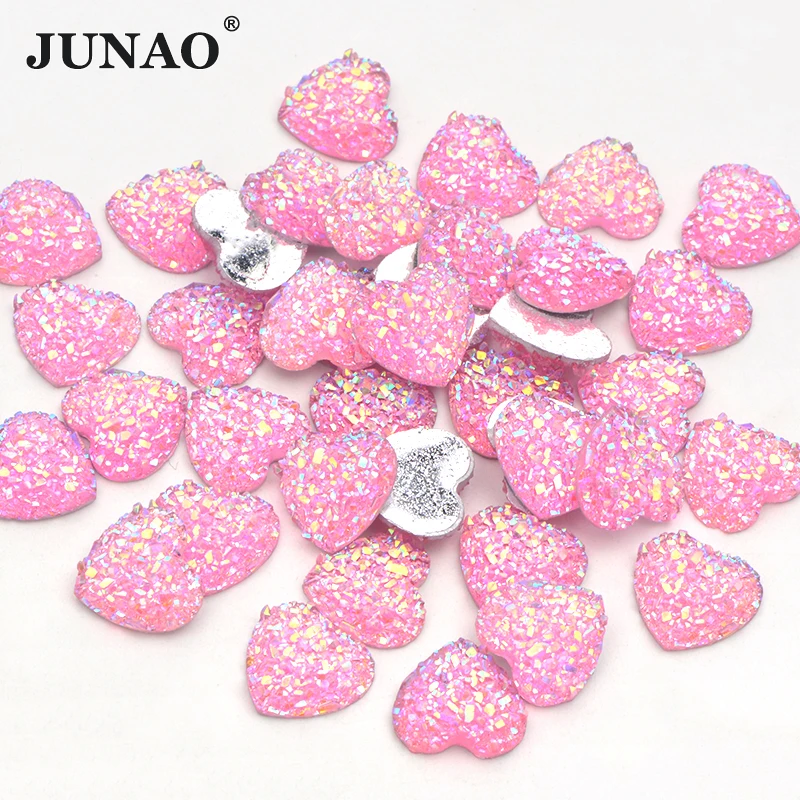 JUNAO 100 buah Glitter merah muda AB hati berlian imitasi Flatback Resin batu kristal tidak dijahit berlian Strass Applique untuk kerajinan DIY