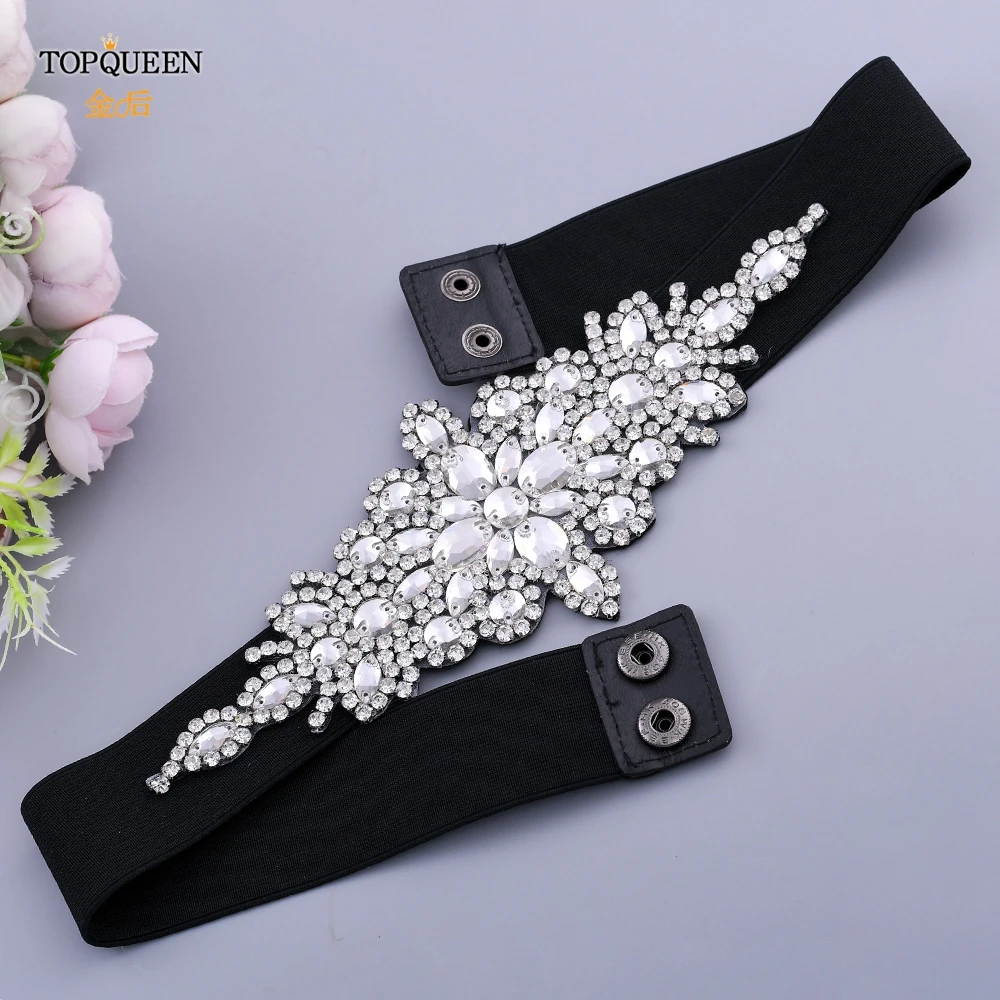 TOPQUEEN S01-E Fashion Floral Rhinestone Buckle Women's Elastic Waist Cinch Belt for Dress Formal Dress Belt Evening Party Band