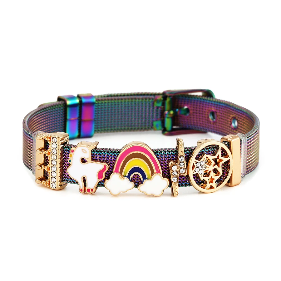 Hip Hop Style Stainless Steel Mesh Bracelets For Women Men Unicorn Rainbow Star Lightning Charm Watch Bracelet Jewelry Gift image 4