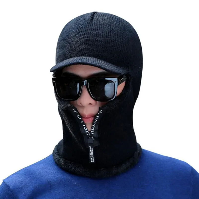 

Black Zip Hooded Hat Scarf Men Knit Plush Hat Scarves With Brim Male Cap Scarf Solid Women Adult Winter Neck Warmer Accessorie