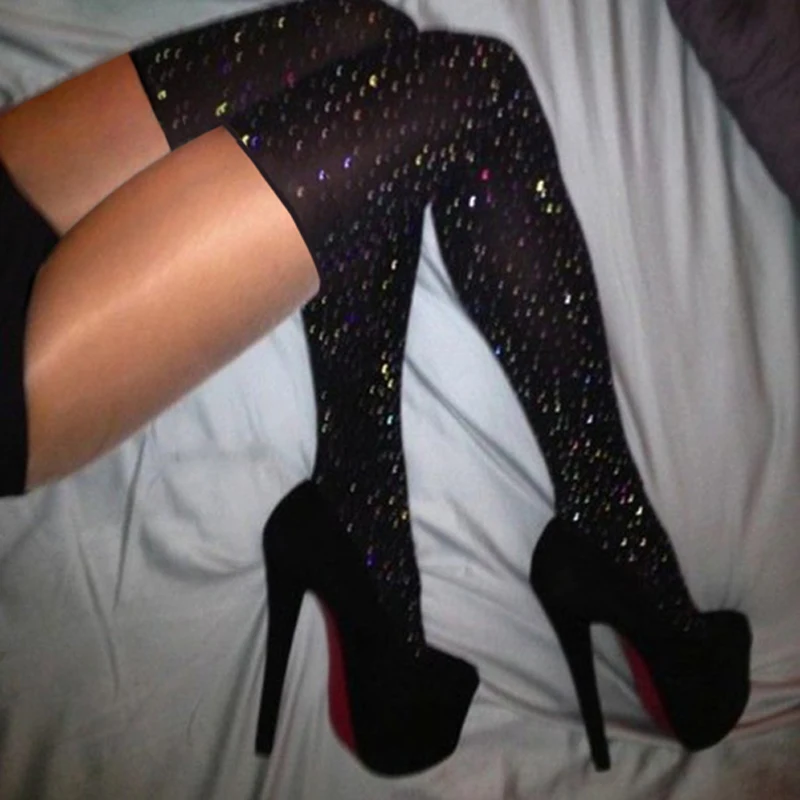 Sexy Womens Tights Brilliant Stockings Sparkle Pantyhose Women Splicing Rhinestone Medias De Mujer Glitter Suspender Tights
