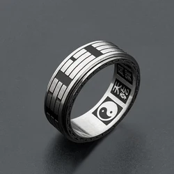 Chinese Style Taiji Ring Good Luck Turning Titanium Steel RIng Vintage Bagua Scripture Buddhist Mantra Ring Jewelry