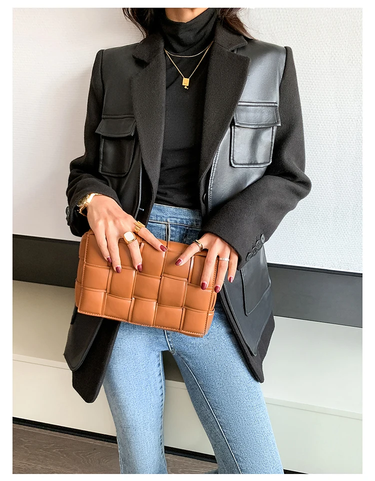 Nerazzurri Autumn Black Wool Blends Patchwork Leather Jacket Women with Many Pockets Long Sleeve Korean Fashion Streetwear 2022