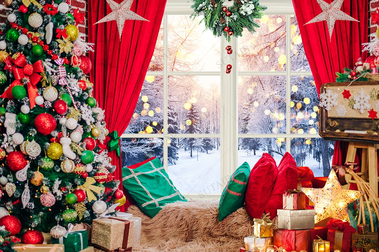 Red Christmas Tree Photography Backdrop Family Custom Birthday Party Decoration Let it snow New Year Newborn Photography Photos