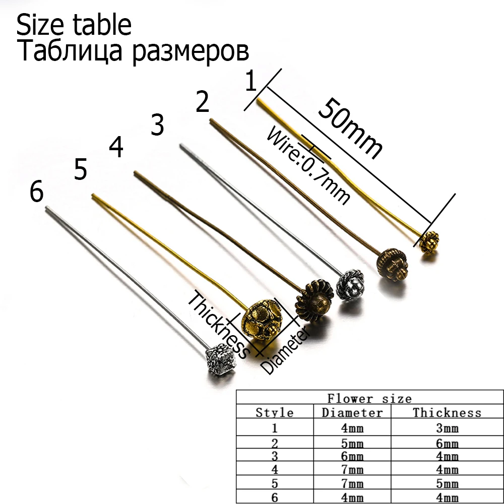 20pcs 50mm Antique Flower Head Pins for Jewelry Making Diy Beads Ball Pins Needles Findings Women Jewelry Accessories Wholesale