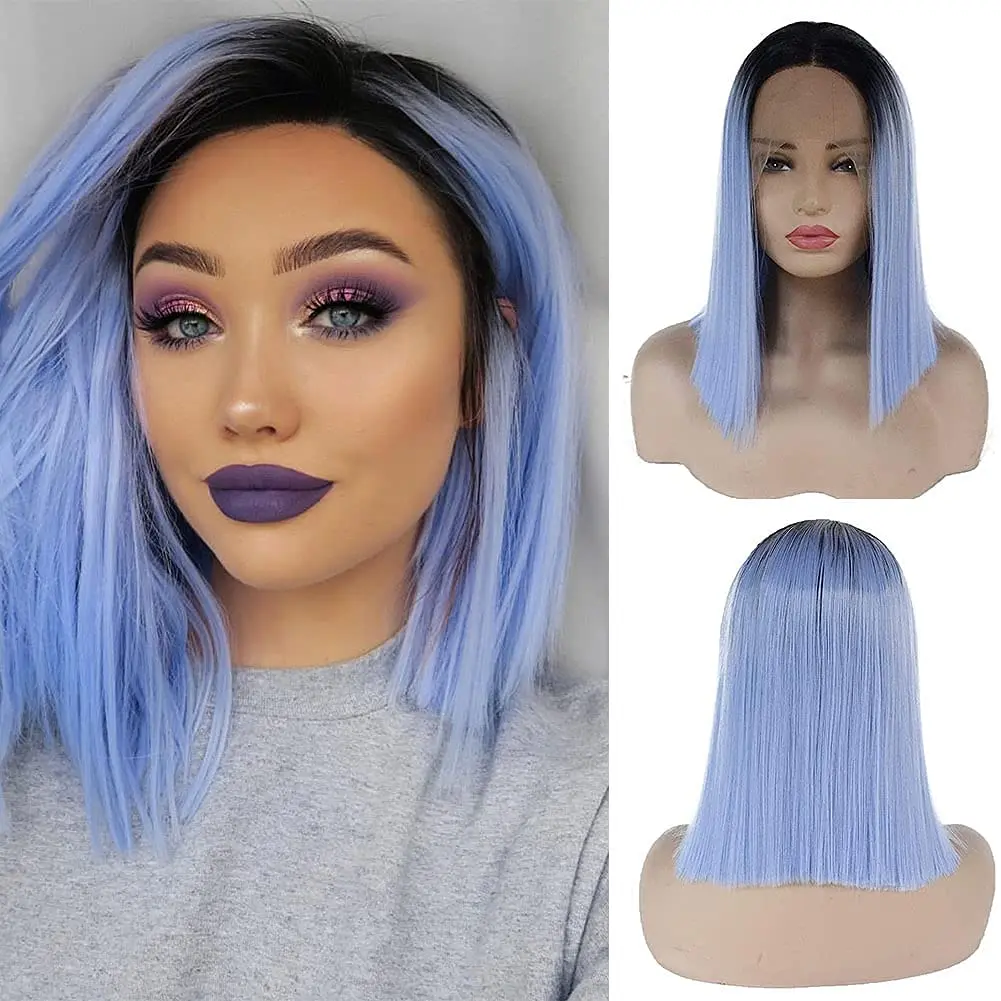 Blue Short Bob Wig with Dark Root for Women 14 Inches Synthetic Blue Middle Part Lace Wig  Heat Resistant Fibre Makeup Bob Wig