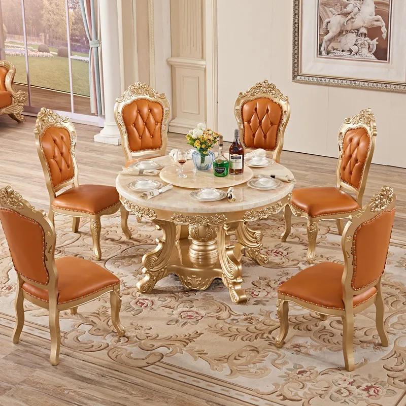 European Marble Dining Table  Chair Combination All Solid Wood Carved 6-8 People Dining Room Round Dining Table Apartment Home