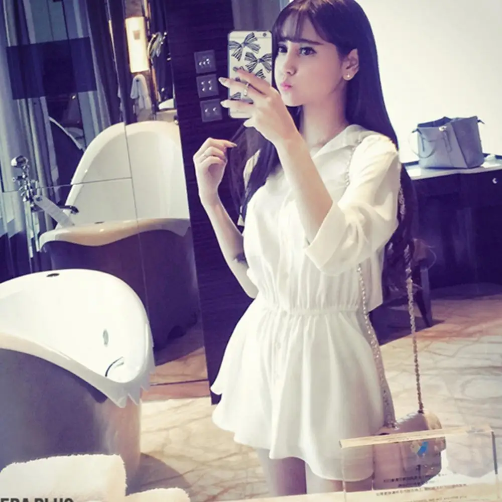 Women White V-neck Dress High Waist Chiffon Skirt Long Sleeve Mini Skirt