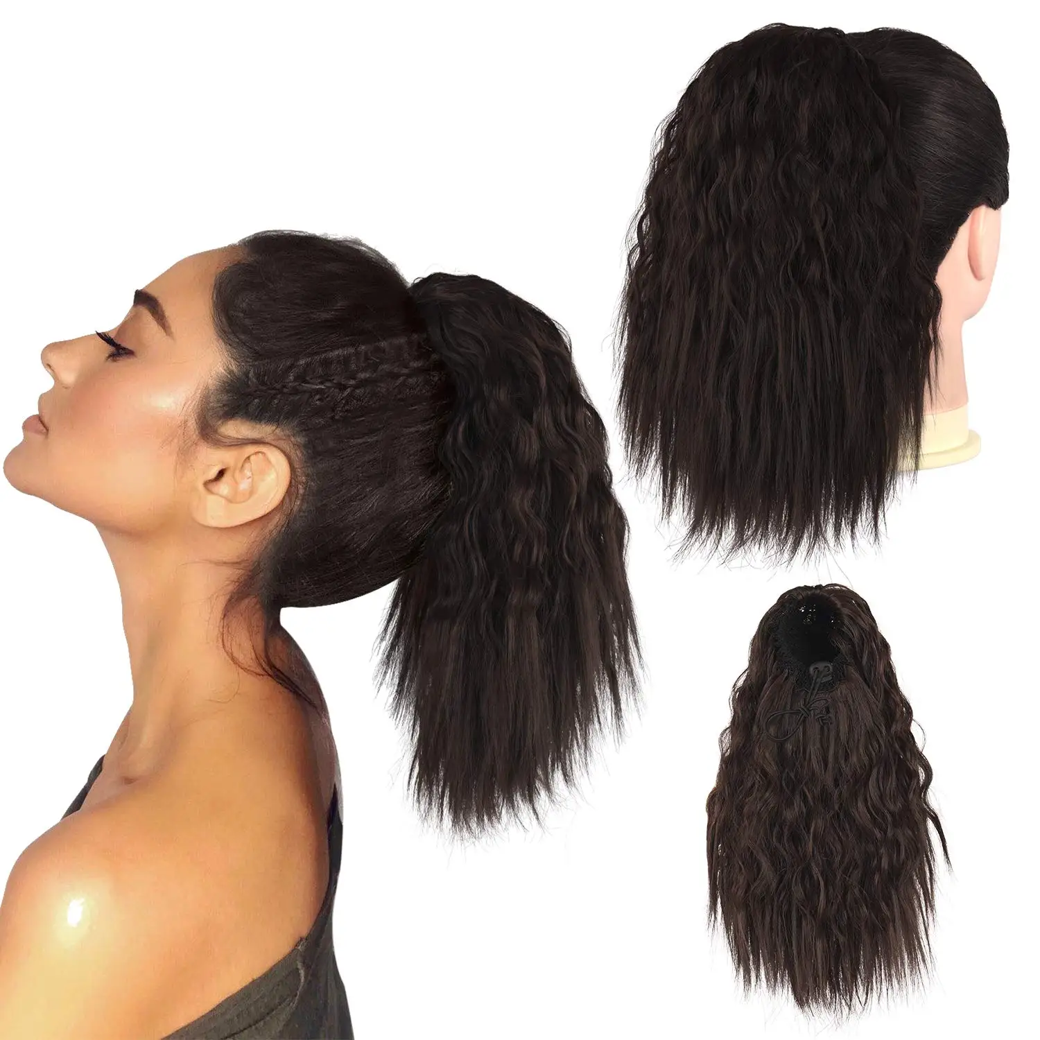 Hairpiece Hair Afro Short Drawstring Ponytail Hair Extension with Clips in for Women False Overhead Tail Water Wave Synthetic