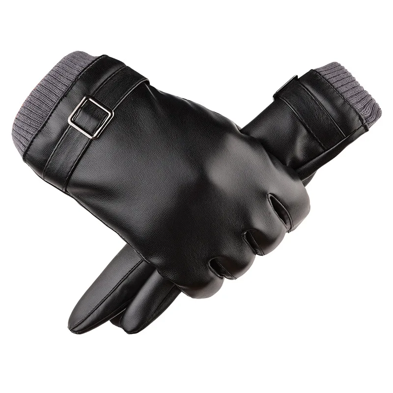 1PAIR Black PU Leather Gloves Male Full Finger Thicken Driving Gloves Winter Touch Screen Warm Windproof Mittens Luvas WA 023