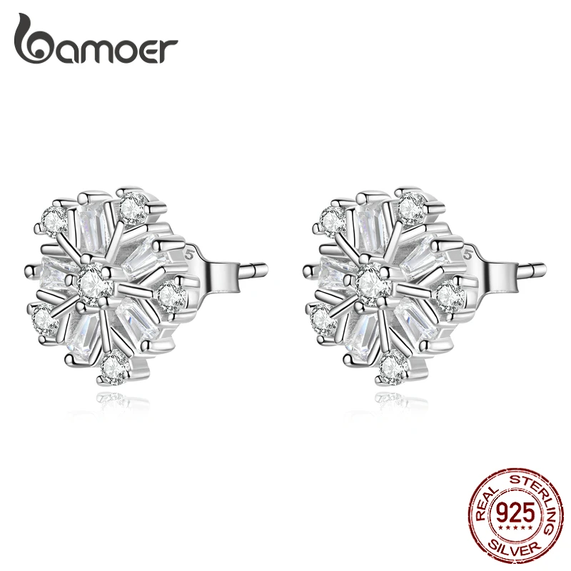 BAMOER Clear CZ Earrings 925 Sterling Silver Fashion Sparkling Snowflake Stud Earrings for Women Crystal Fine Jewelry Gift