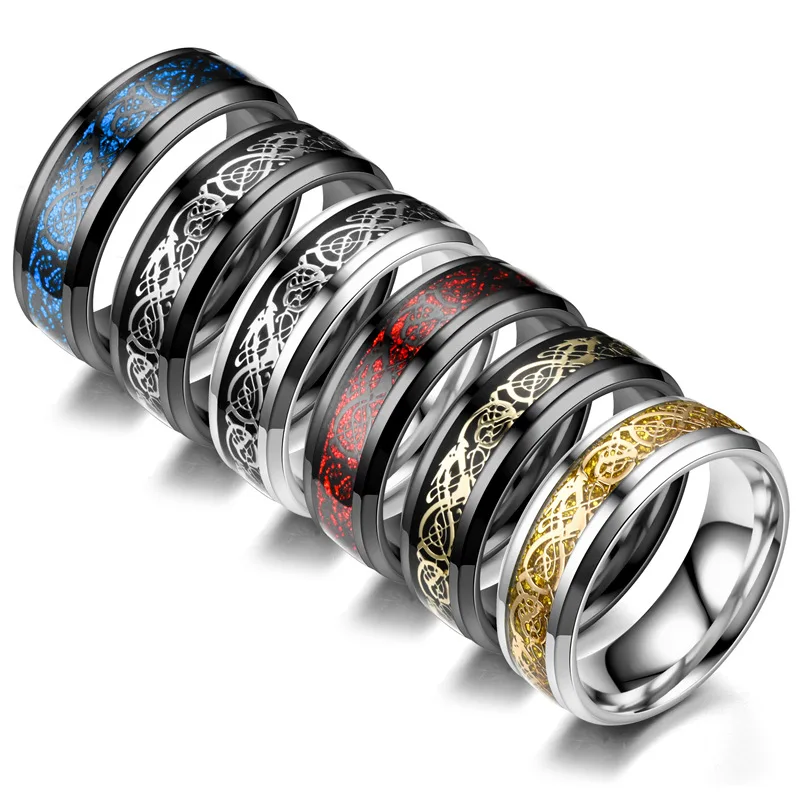 AsJerlya Men Ring Jewelry Red Blue Black Dragon Inlay Comfort Fit Stainless Steel Rings For Men Wedding Ring Wide 8mm